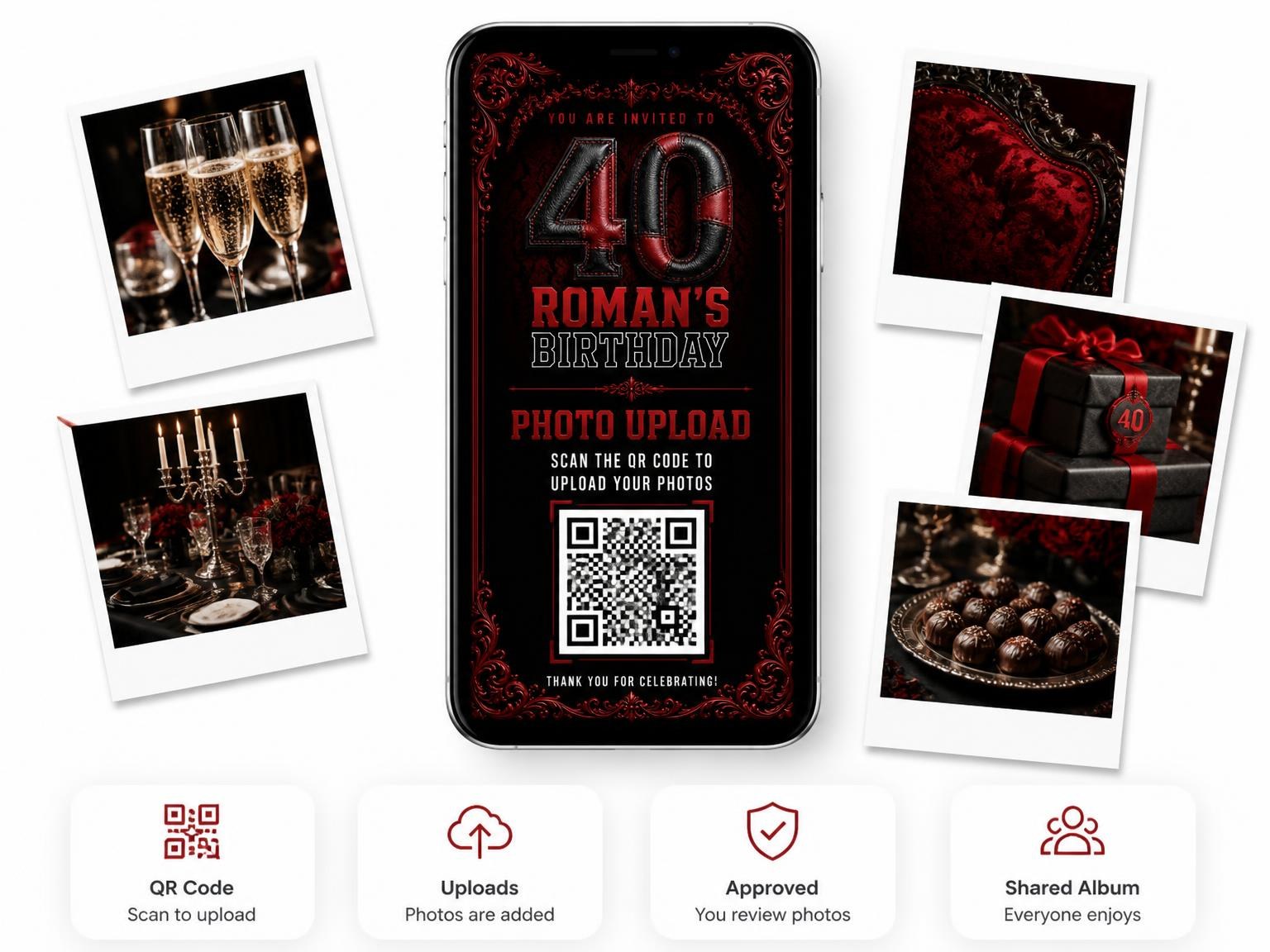 The shared photo gallery that comes with the Red Leather 40th Baroque Milestone Birthday invitation