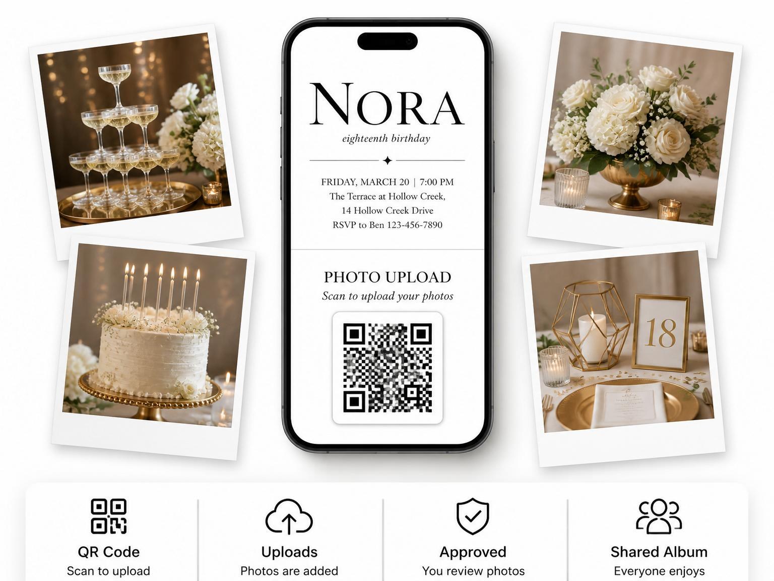 The shared photo gallery that comes with the Minimalist Black Serif 18th Birthday Invitation invitation