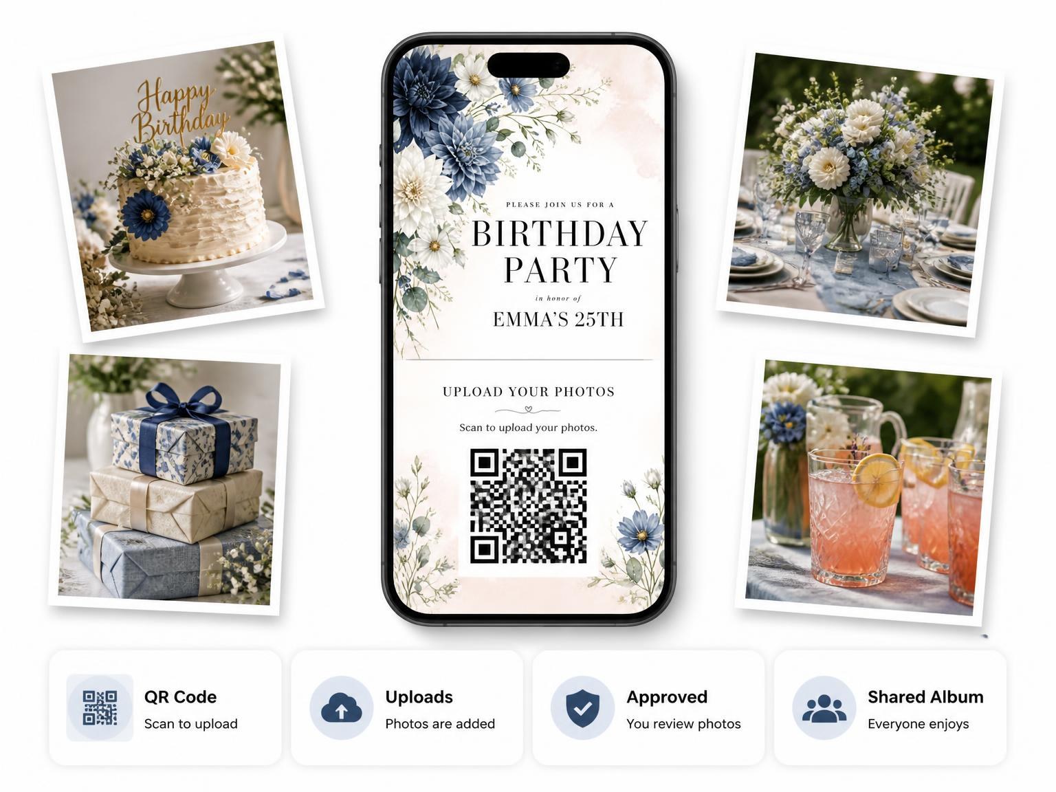 The shared photo gallery that comes with the Dusty Blue Dahlia 25th Birthday Invitation invitation