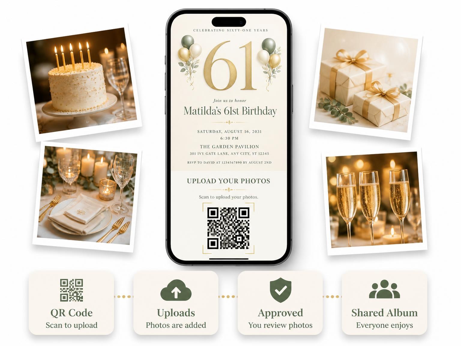 The shared photo gallery that comes with the Sage and Ivory 61st Birthday Invitation invitation