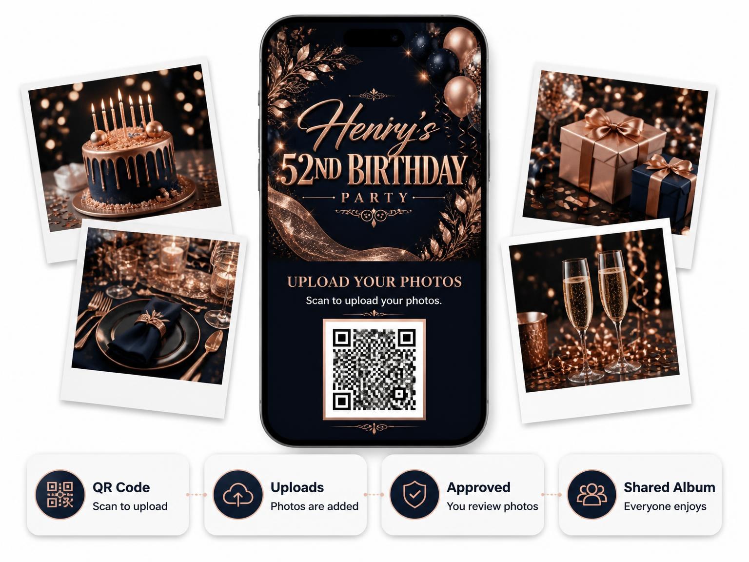 The shared photo gallery that comes with the Navy and Rose Gold 52nd Birthday Invitation invitation