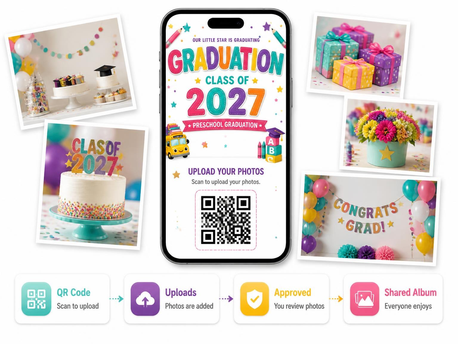 The shared photo gallery that comes with the School Bus Preschool Graduation Invitation invitation