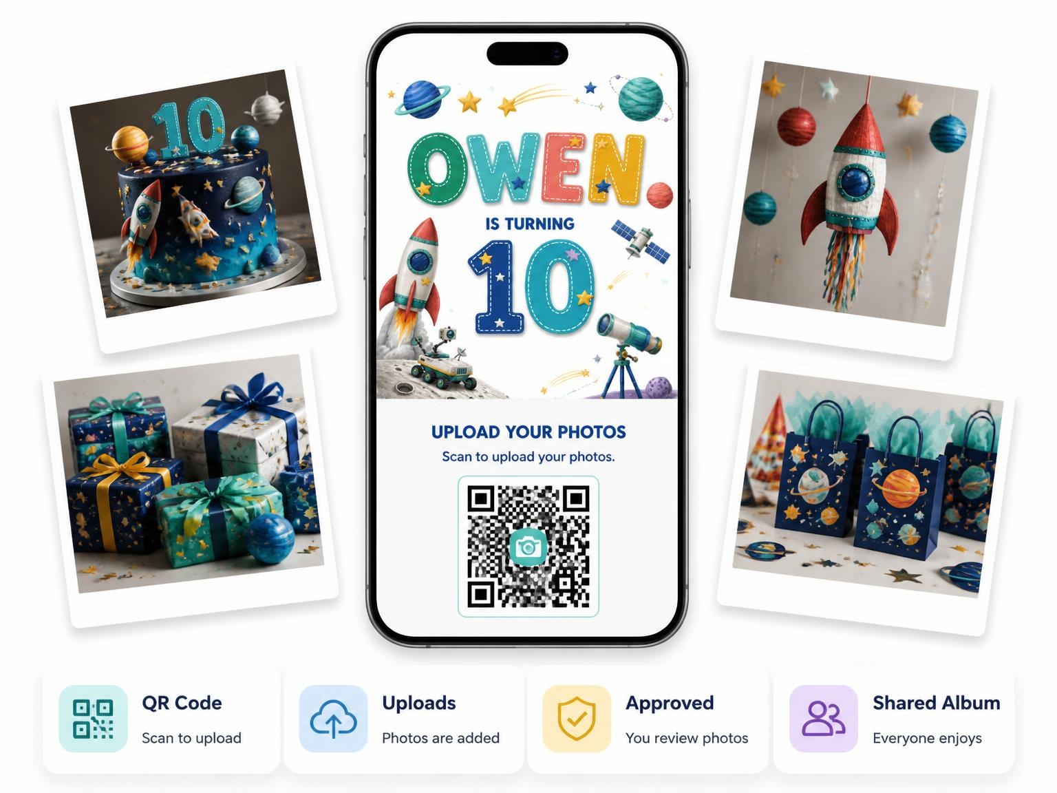 The shared photo gallery that comes with the Stitched Space 10th Birthday Invitation invitation