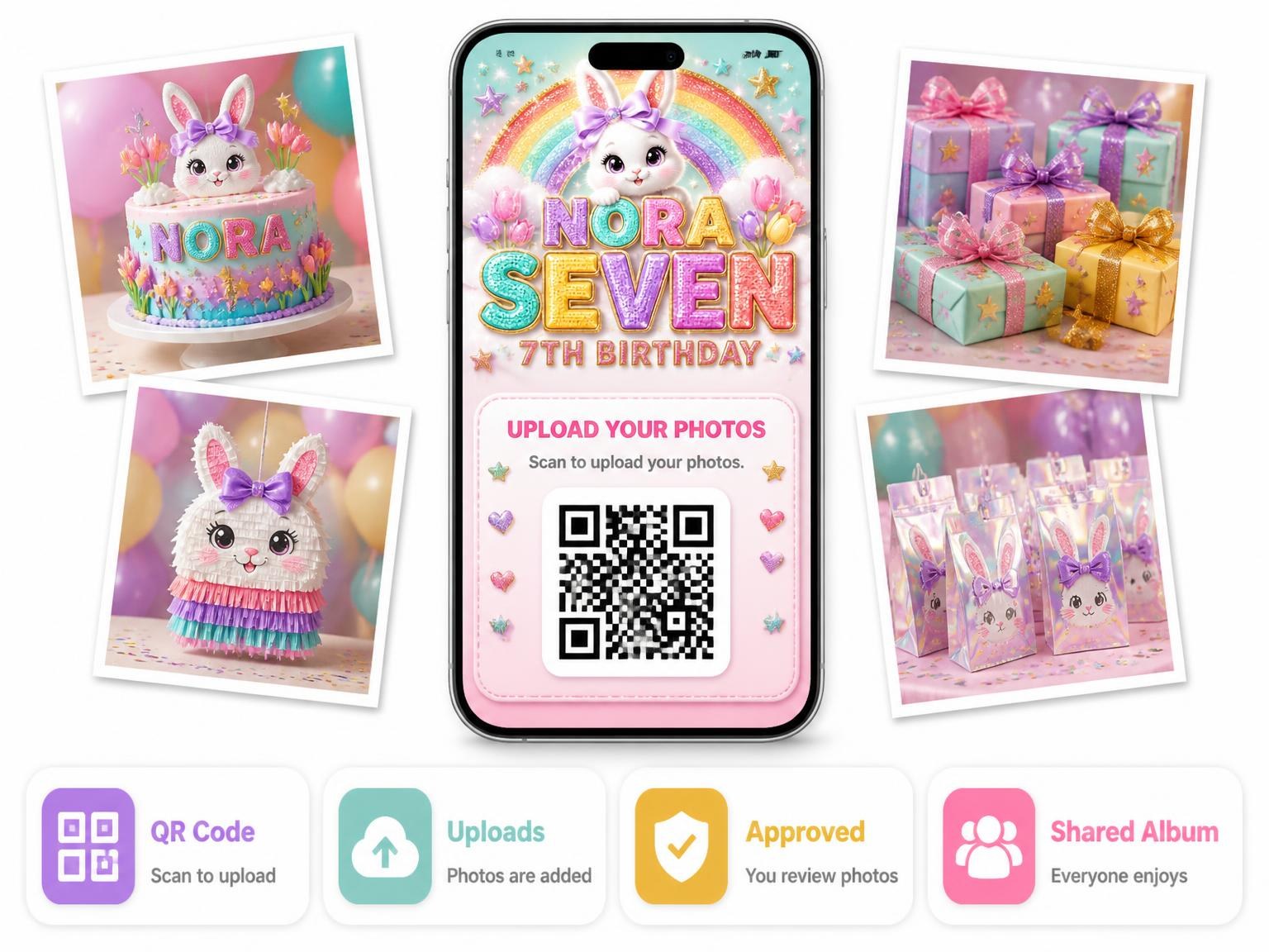 The shared photo gallery that comes with the Glitter Sparkle Bunny 7th Birthday Invitation invitation