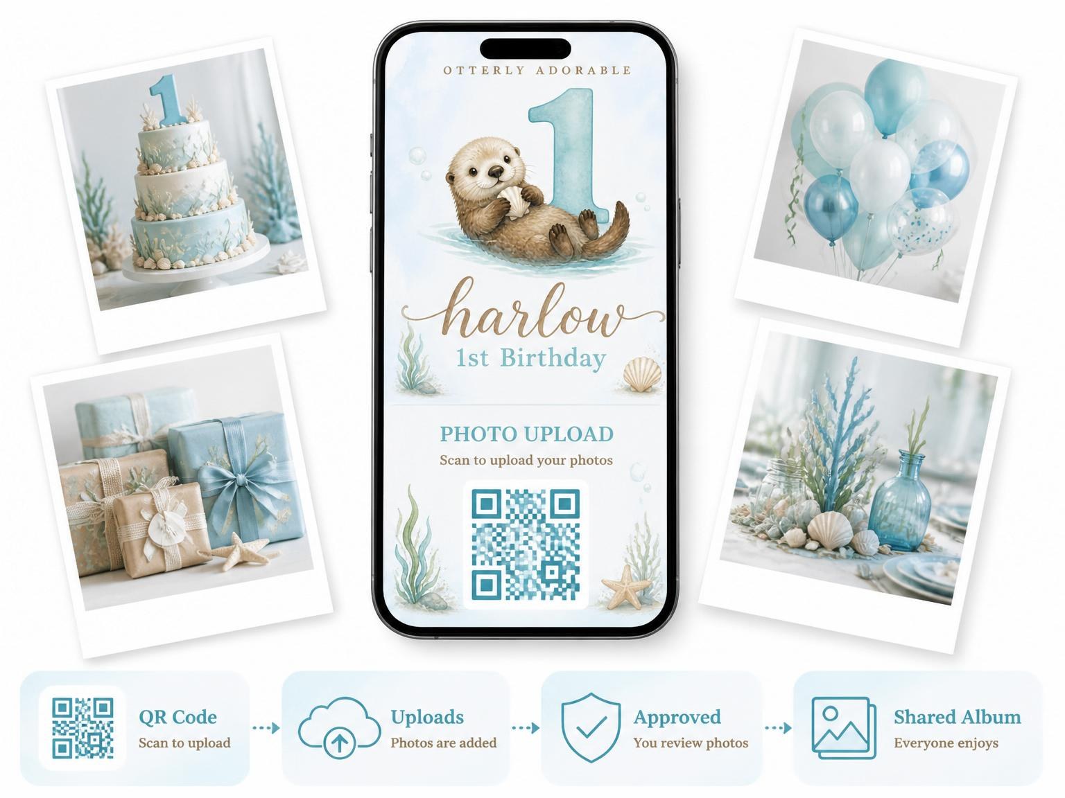 The shared photo gallery that comes with the Watercolor Sea Otter 1st Birthday invitation
