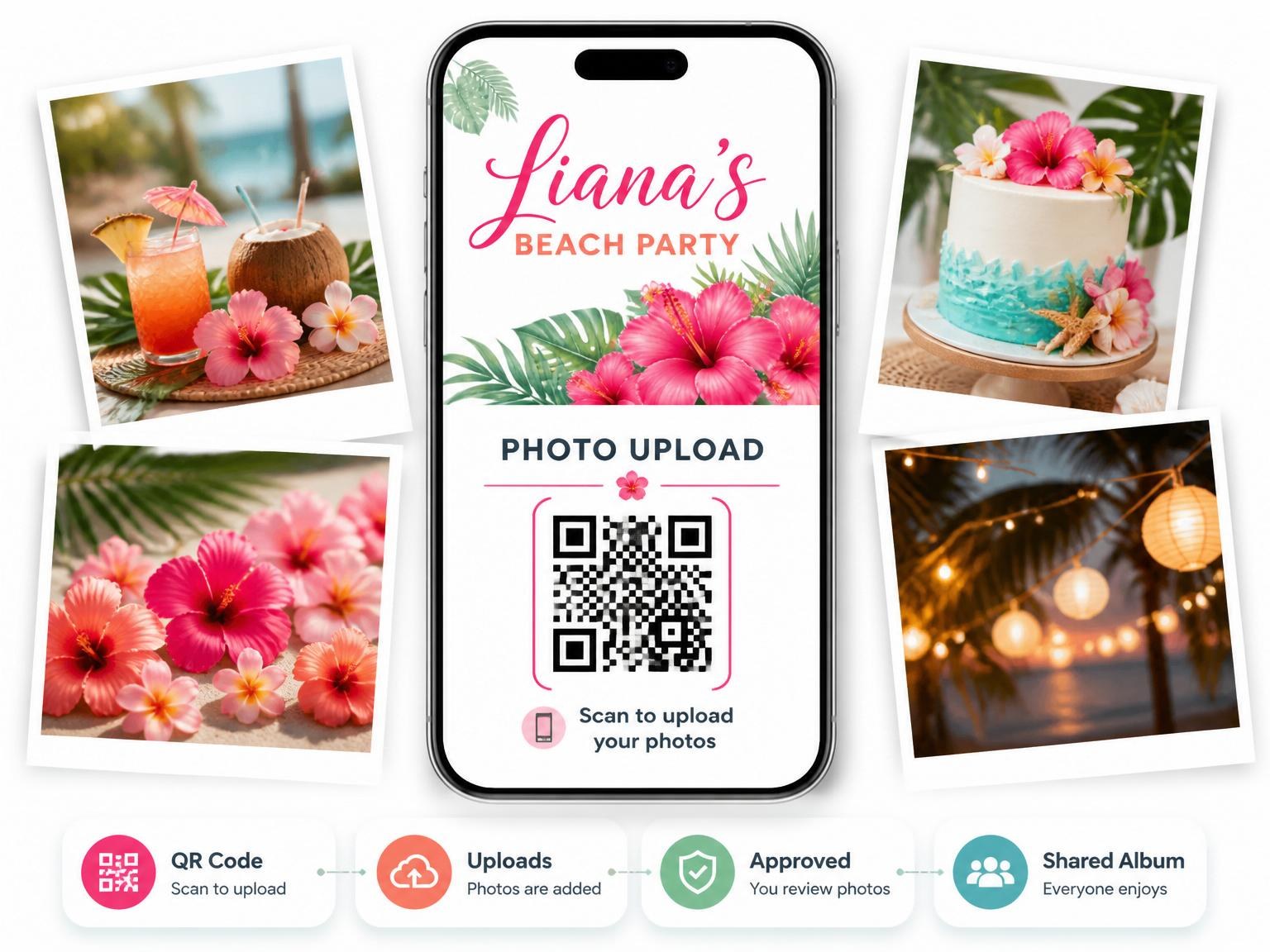 The shared photo gallery that comes with the Pink Hibiscus Tropical Beach Party invitation