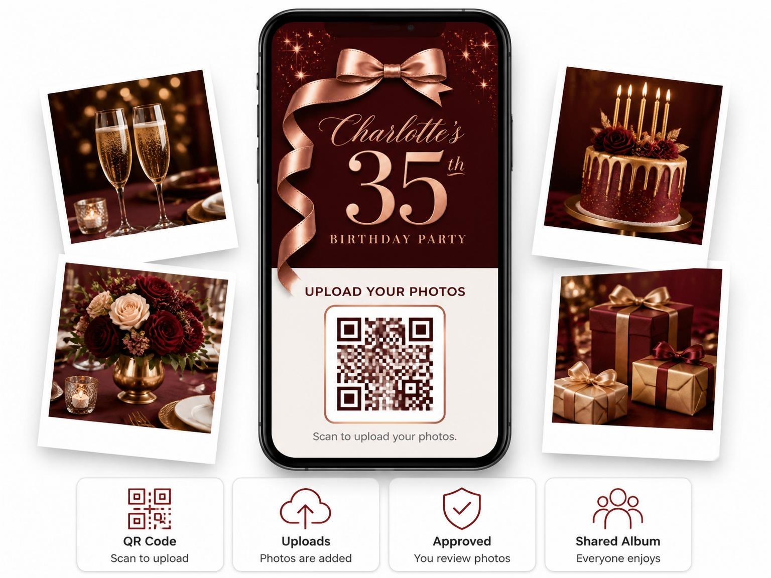 The shared photo gallery that comes with the Burgundy Rose Gold Bow 35th Birthday invitation