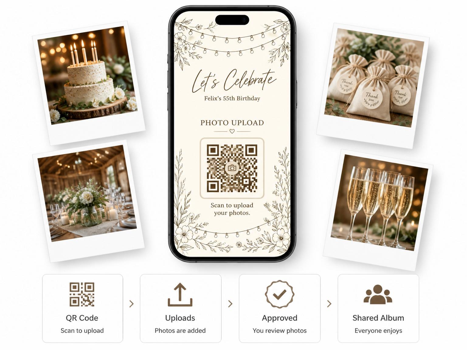 The shared photo gallery that comes with the Cream Botanical String Light 55th Birthday invitation