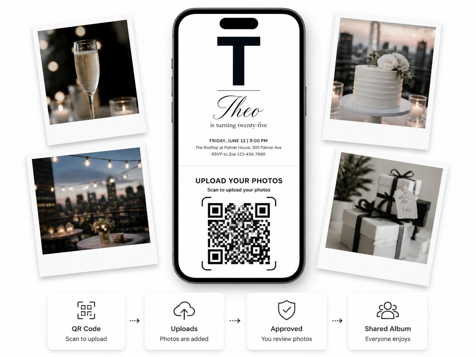 The shared photo gallery that comes with the Monochromatic Monogram Minimalist 25th Birthday Invitation invitation