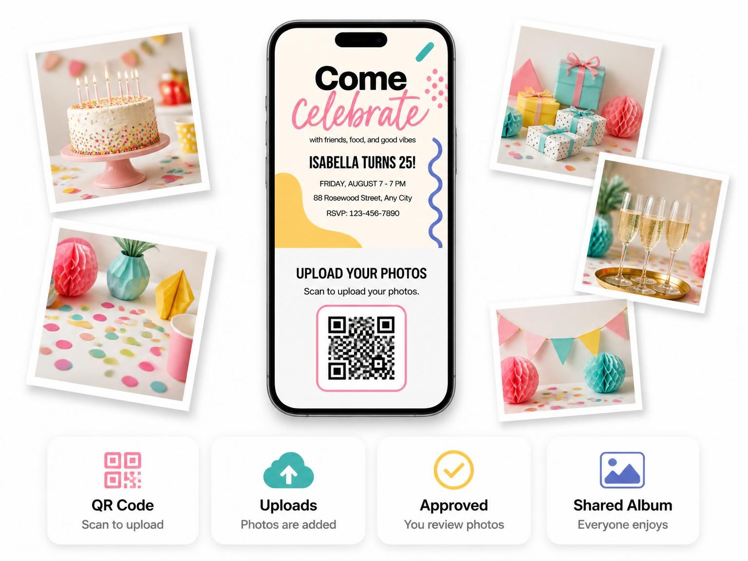 The shared photo gallery that comes with the 90s Memphis Abstract Birthday Invitation invitation
