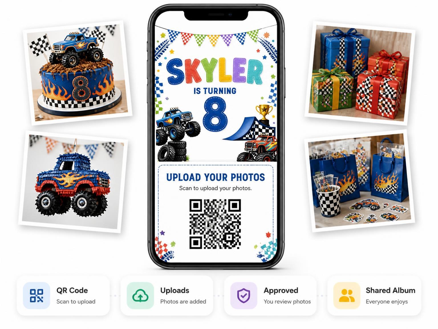 The shared photo gallery that comes with the Stitched Monster Truck 8th Birthday Invitation invitation