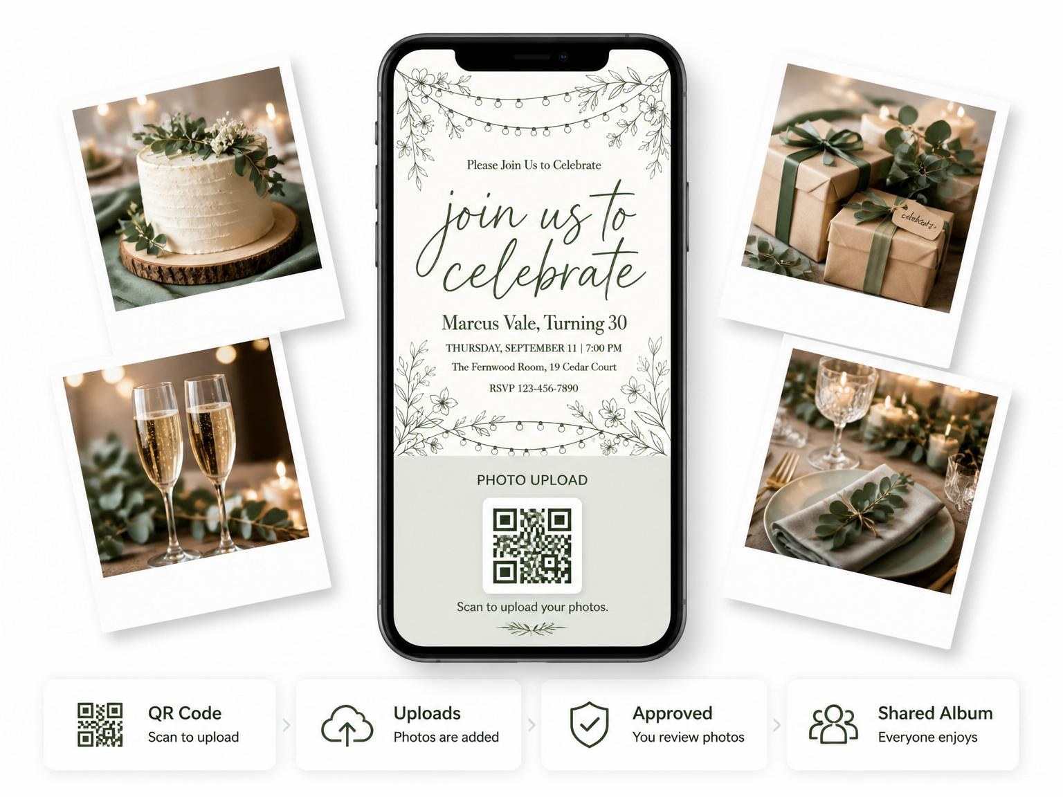 The shared photo gallery that comes with the Olive Floral String Light 30th Birthday invitation