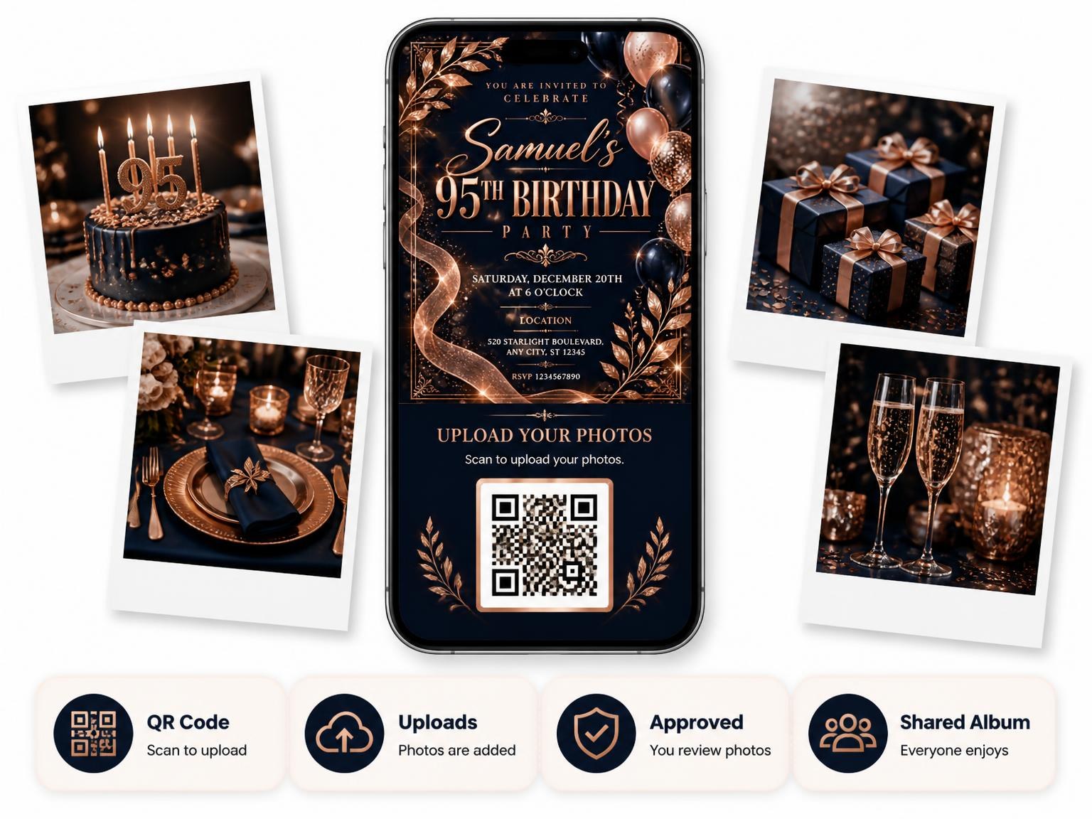 The shared photo gallery that comes with the Navy and Rose Gold 95th Birthday Invitation invitation