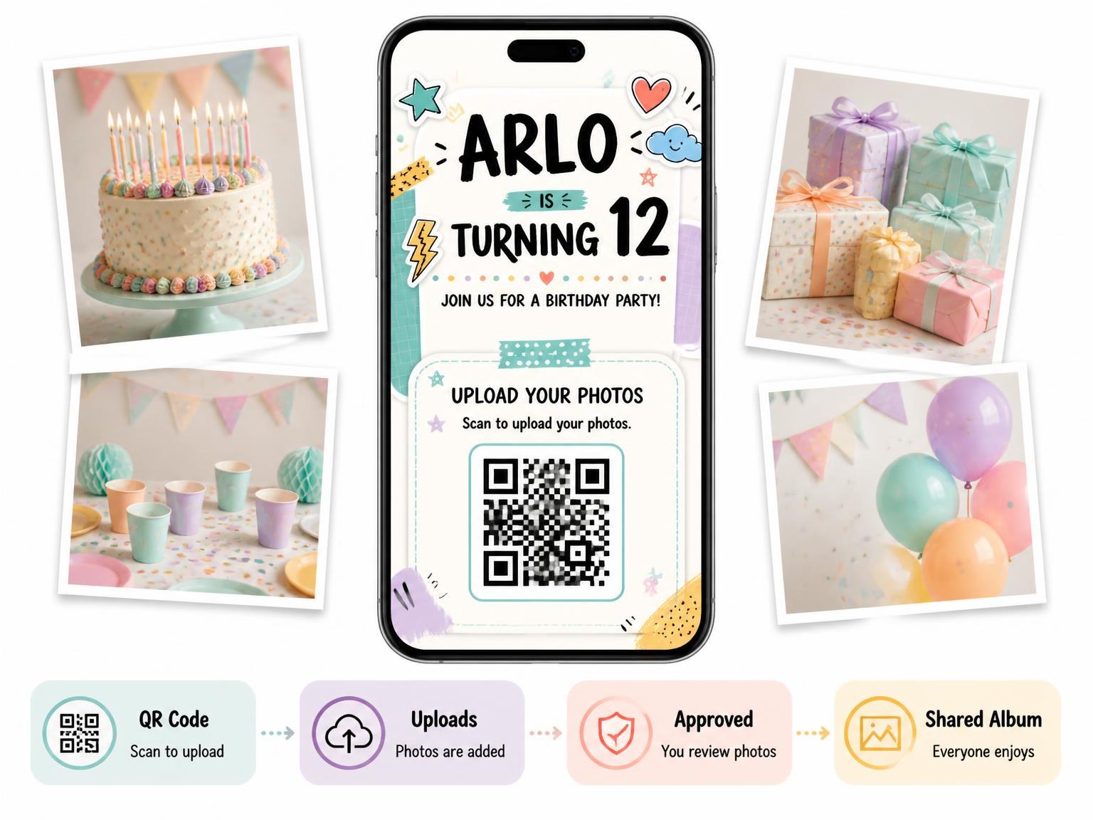 The shared photo gallery that comes with the Turntable Mixer Pastel 12th Birthday Invitation invitation