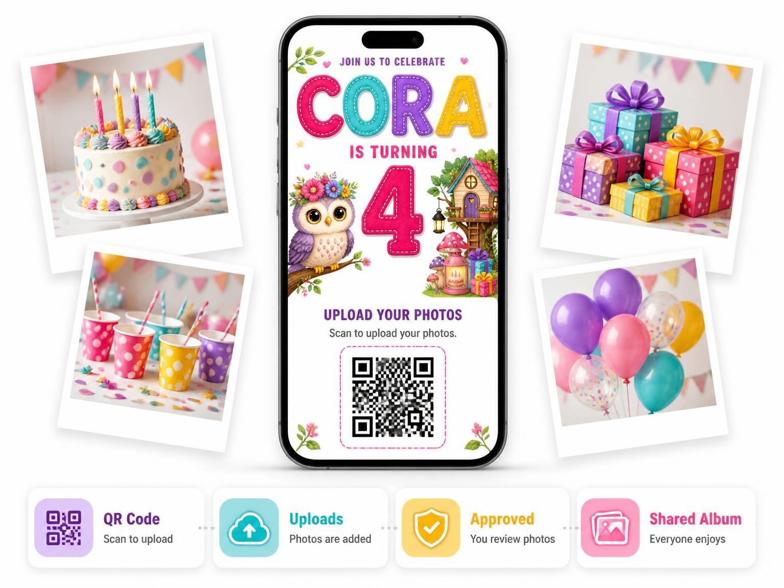 The shared photo gallery that comes with the Stitched Owl Treehouse 4th Birthday Invitation invitation