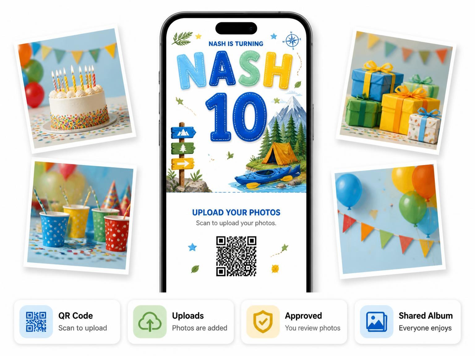 The shared photo gallery that comes with the Camping Nature 10th Birthday Invitation invitation