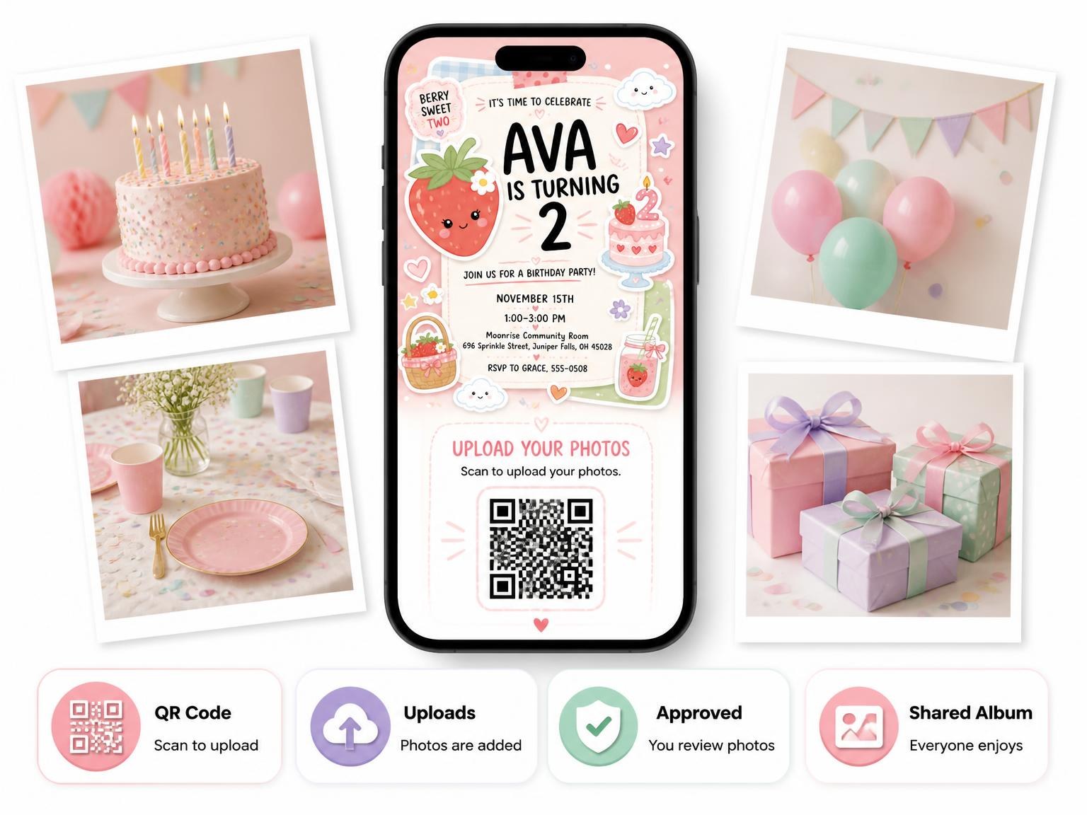The shared photo gallery that comes with the Strawberry Pastel 2nd Birthday Invitation invitation