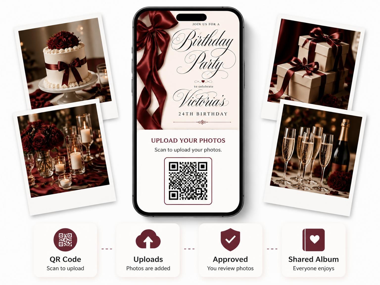 The shared photo gallery that comes with the Burgundy Satin Bow 24th Birthday Invitation invitation