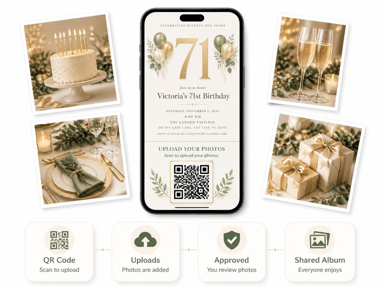 The shared photo gallery that comes with the Sage and Ivory 71st Birthday Invitation invitation