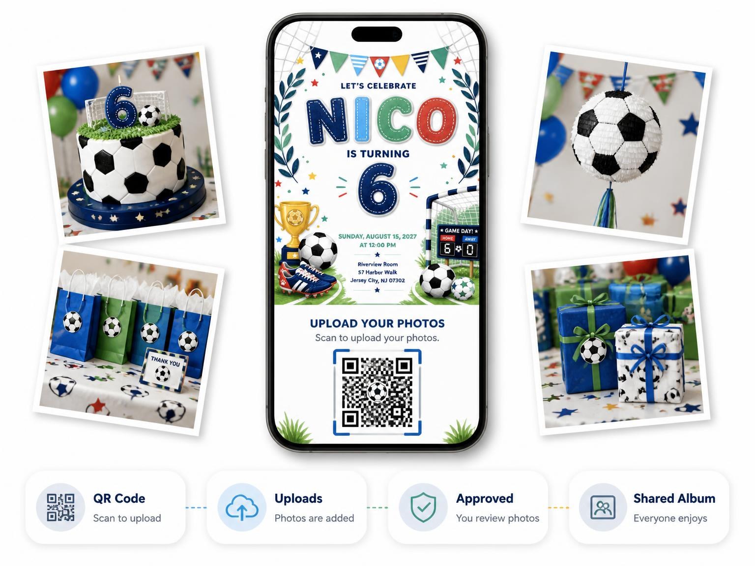 The shared photo gallery that comes with the Stitched Soccer 6th Birthday Invitation invitation