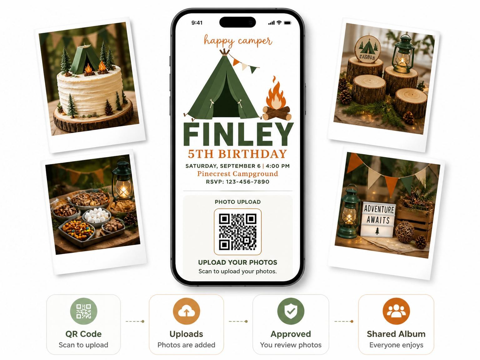The shared photo gallery that comes with the Forest Tent Camping 5th Birthday Invitation invitation