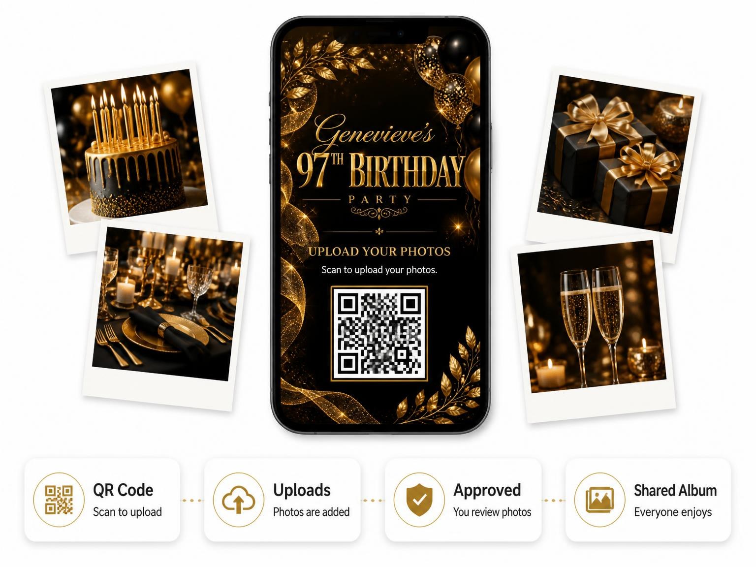 The shared photo gallery that comes with the Black and Gold 97th Birthday Invitation invitation