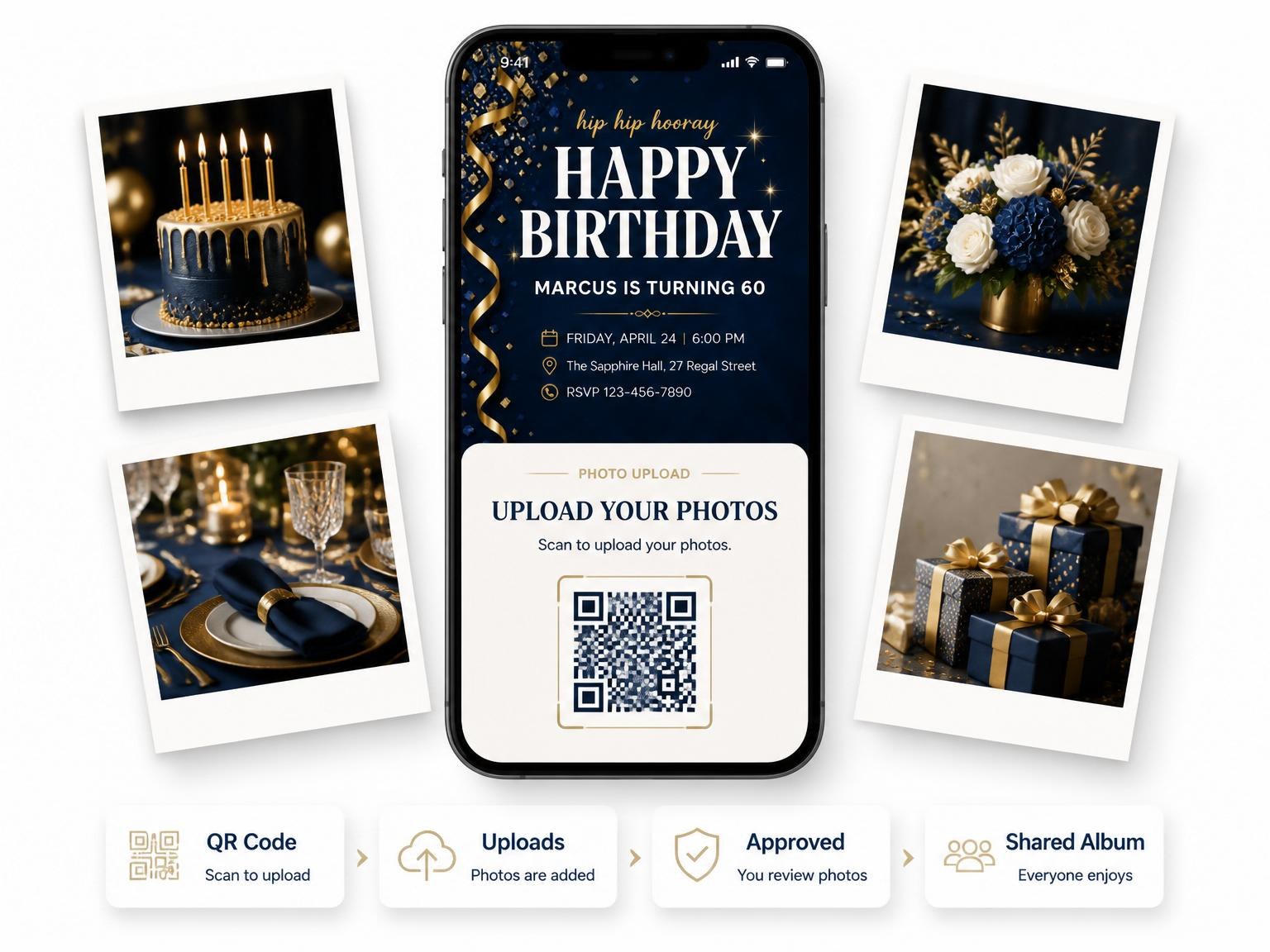 The shared photo gallery that comes with the Navy Velvet Gold Streamer 60th Birthday invitation