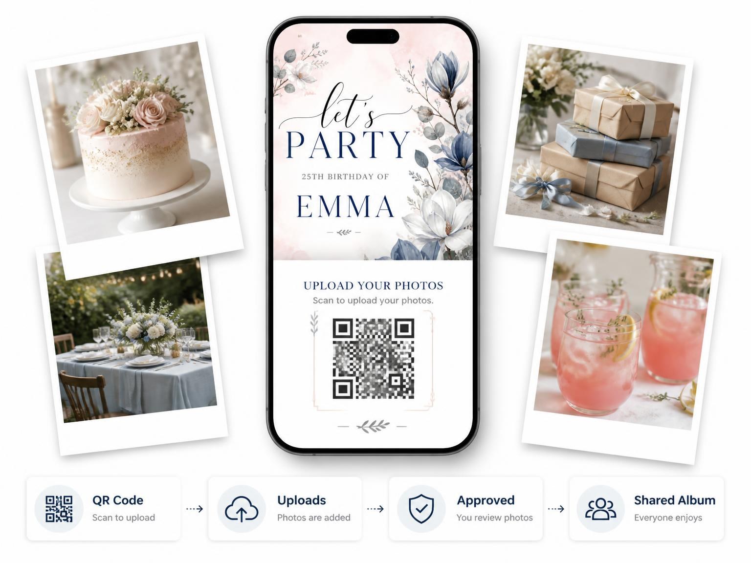 The shared photo gallery that comes with the Eucalyptus Floral 25th Birthday Invitation invitation