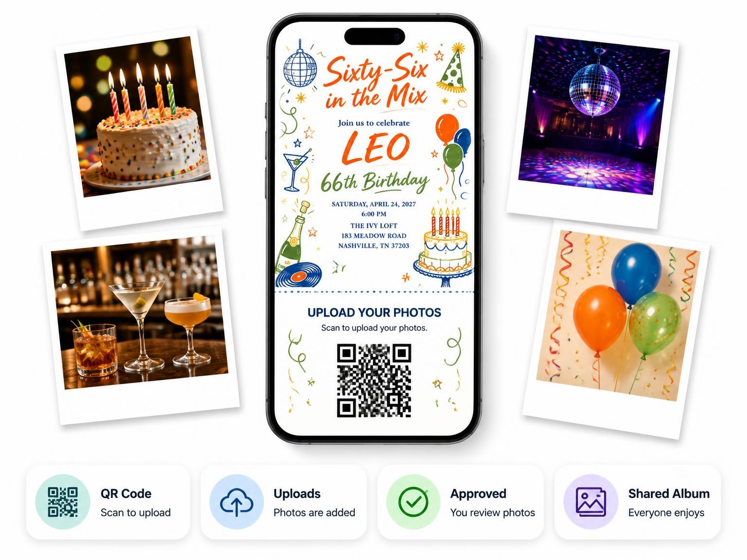 The shared photo gallery that comes with the Retro Doodle 66th Birthday Invitation invitation