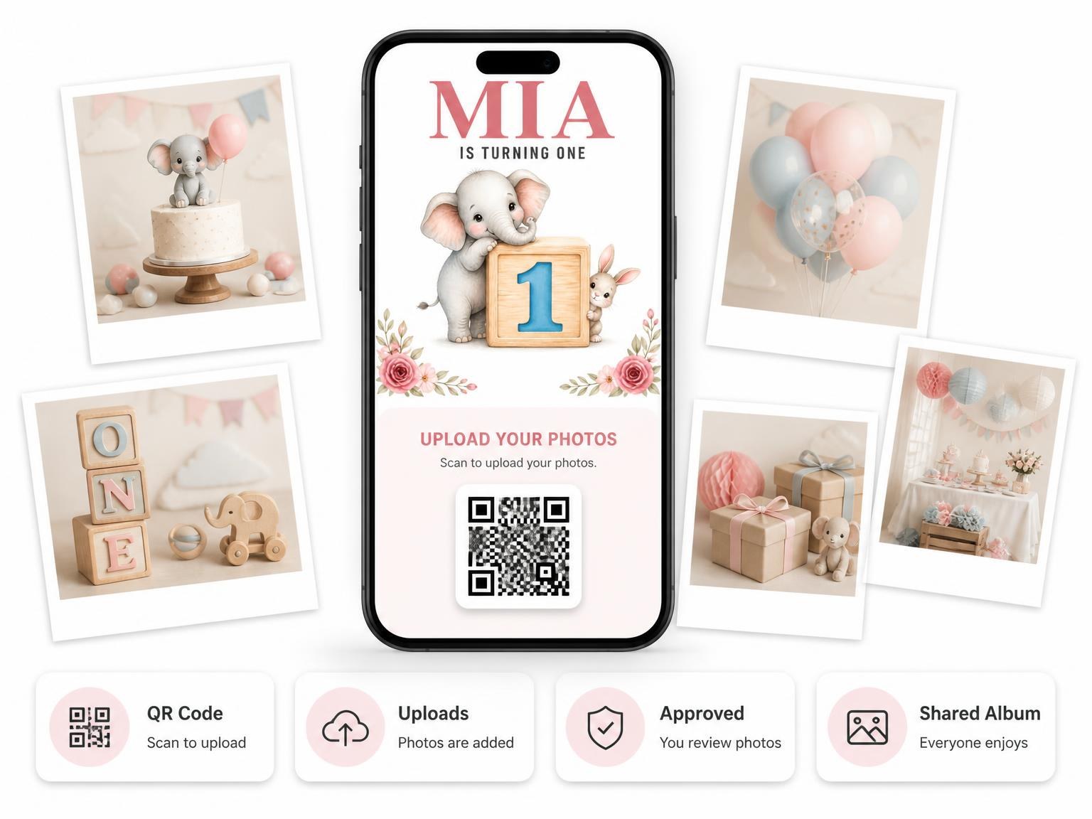 The shared photo gallery that comes with the Wooden Block First Birthday Invitation invitation