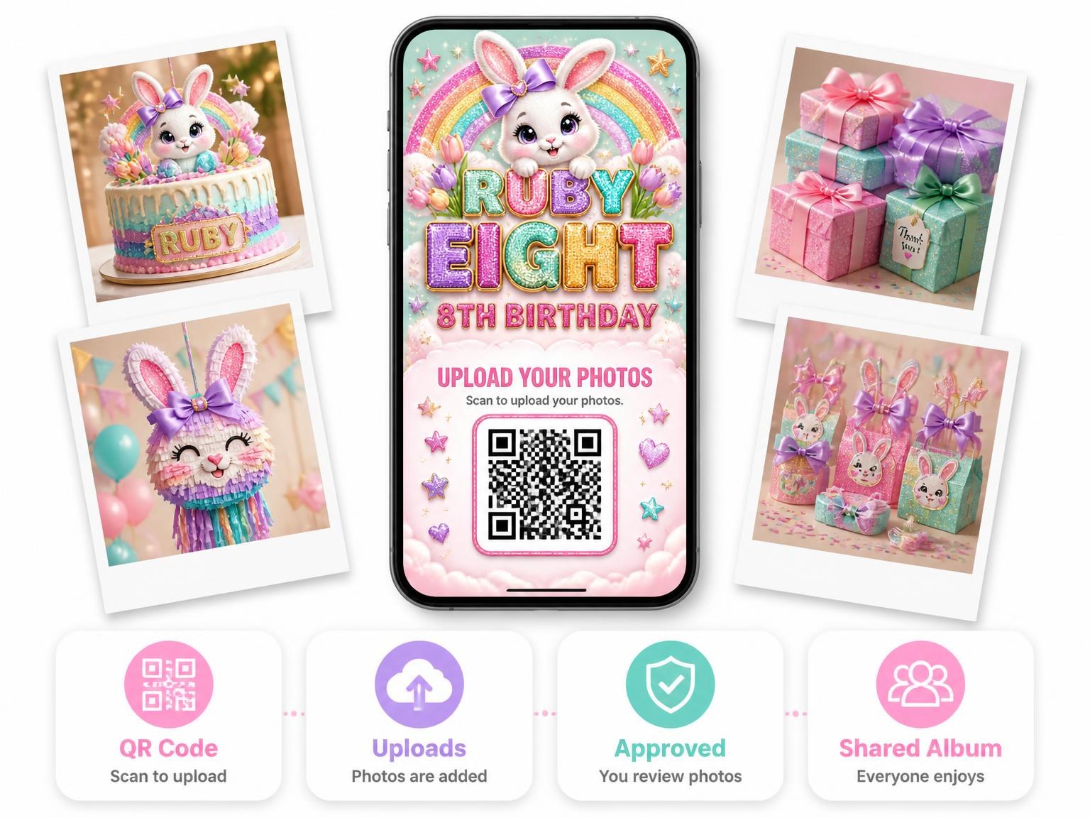 The shared photo gallery that comes with the Glitter Sparkle Bunny 8th Birthday Invitation invitation