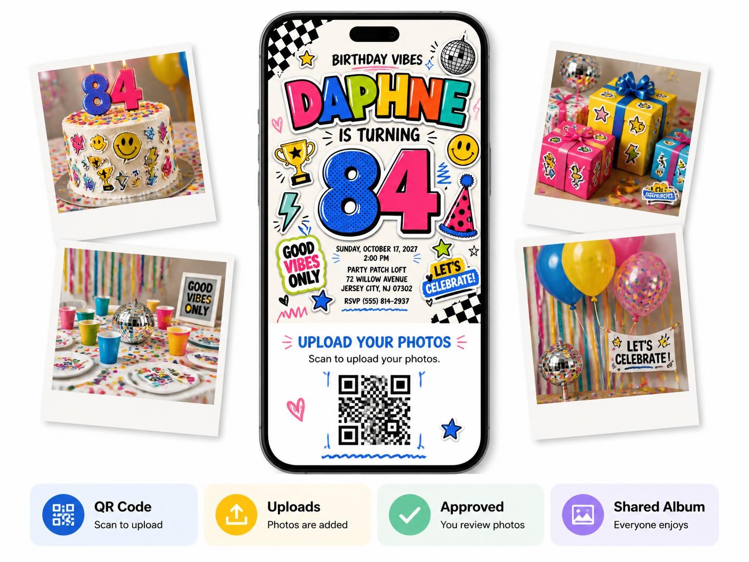 The shared photo gallery that comes with the Sticker Pop 84th Birthday Invitation invitation