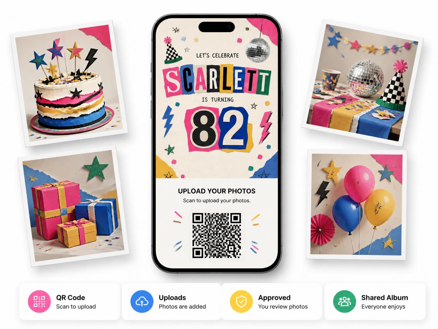 The shared photo gallery that comes with the Retro Paper Collage 82nd Birthday Invitation invitation