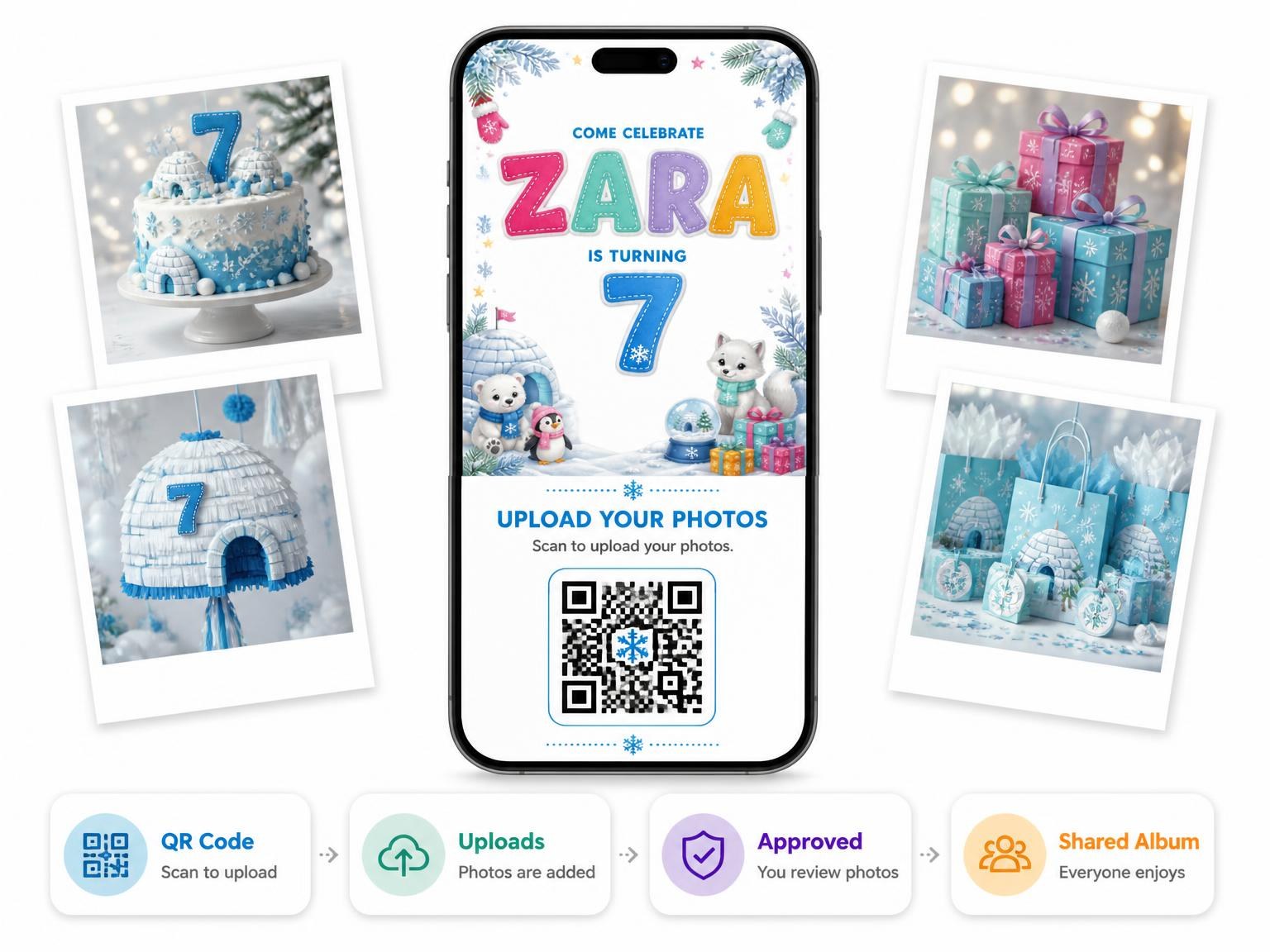 The shared photo gallery that comes with the Stitched Winter Polar 7th Birthday Invitation invitation