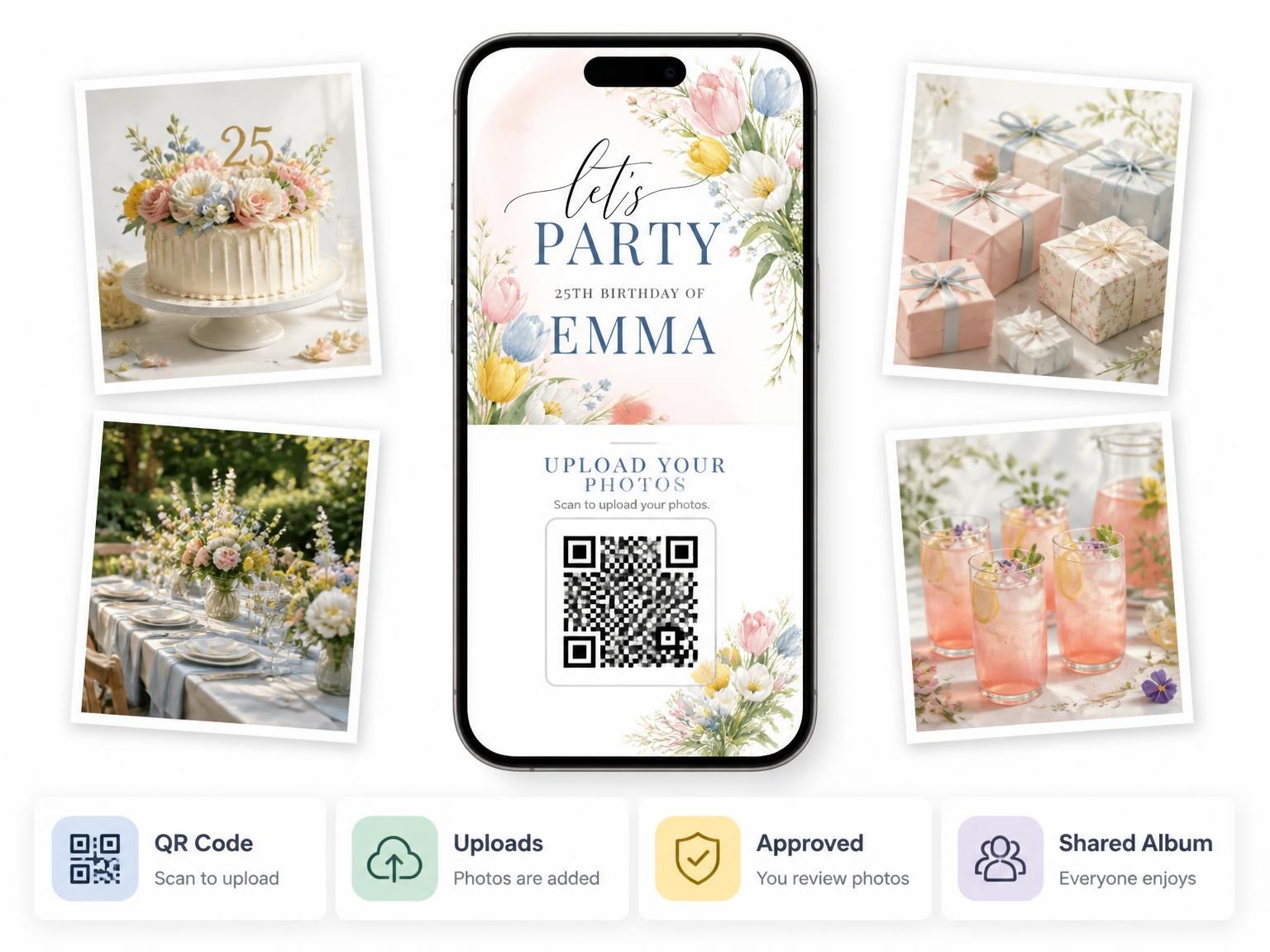 The shared photo gallery that comes with the Spring Tulip Bouquet 25th Birthday Invitation invitation