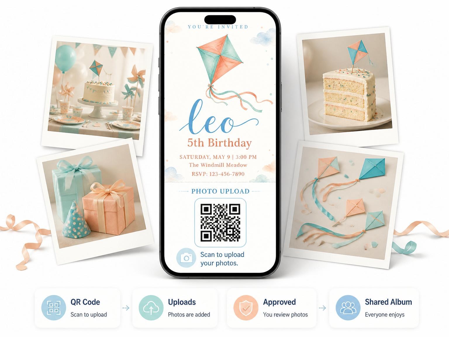 The shared photo gallery that comes with the Peach and Blue Kite 5th Birthday invitation