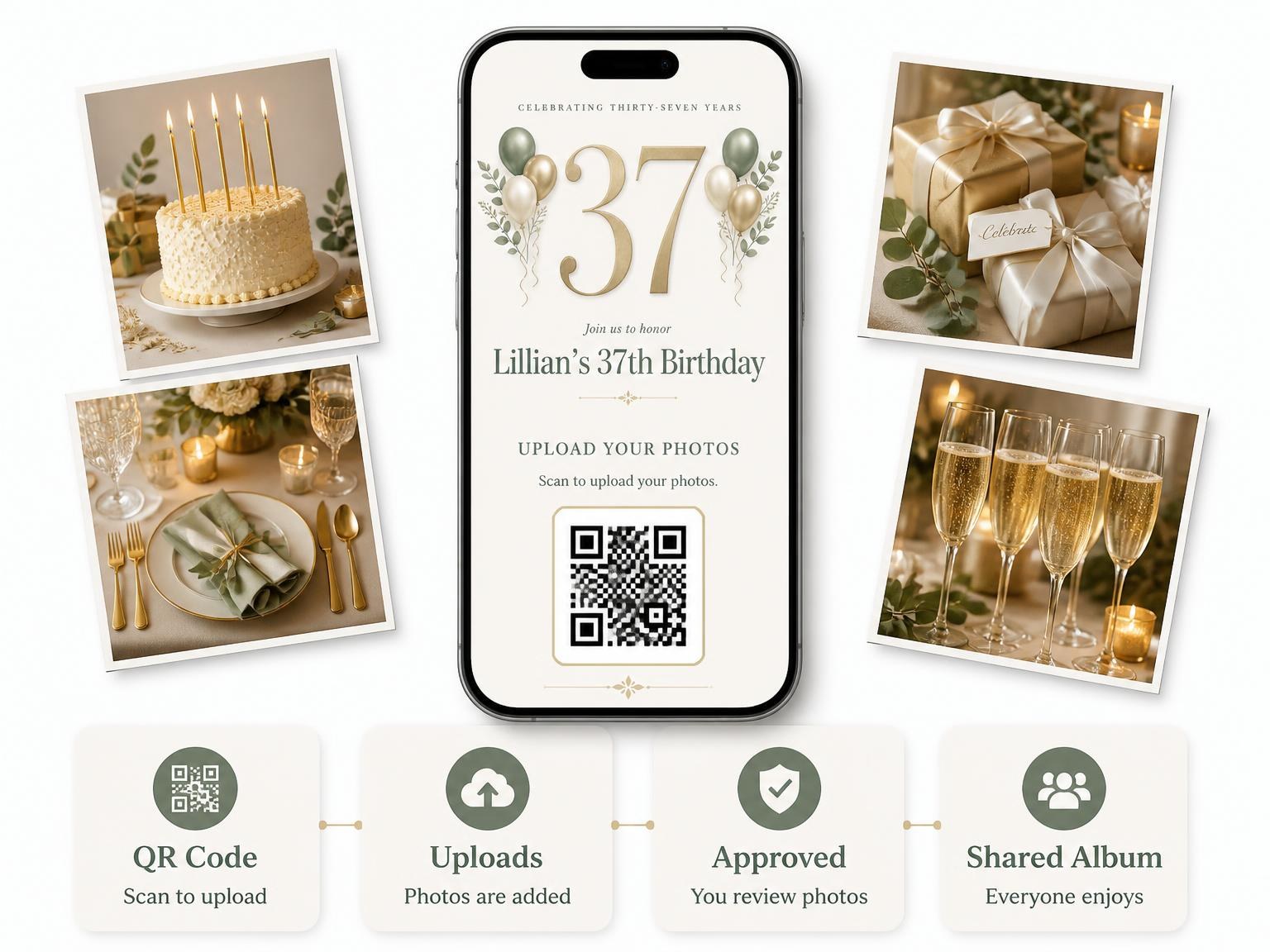 The shared photo gallery that comes with the Sage and Ivory 37th Birthday Invitation invitation