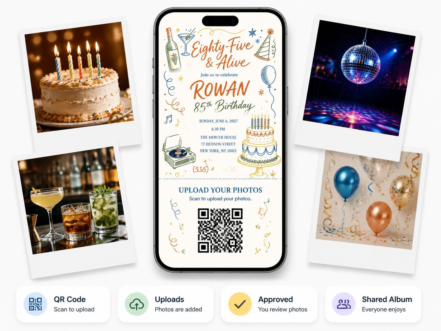 The shared photo gallery that comes with the Retro Doodle 85th Birthday Invitation invitation