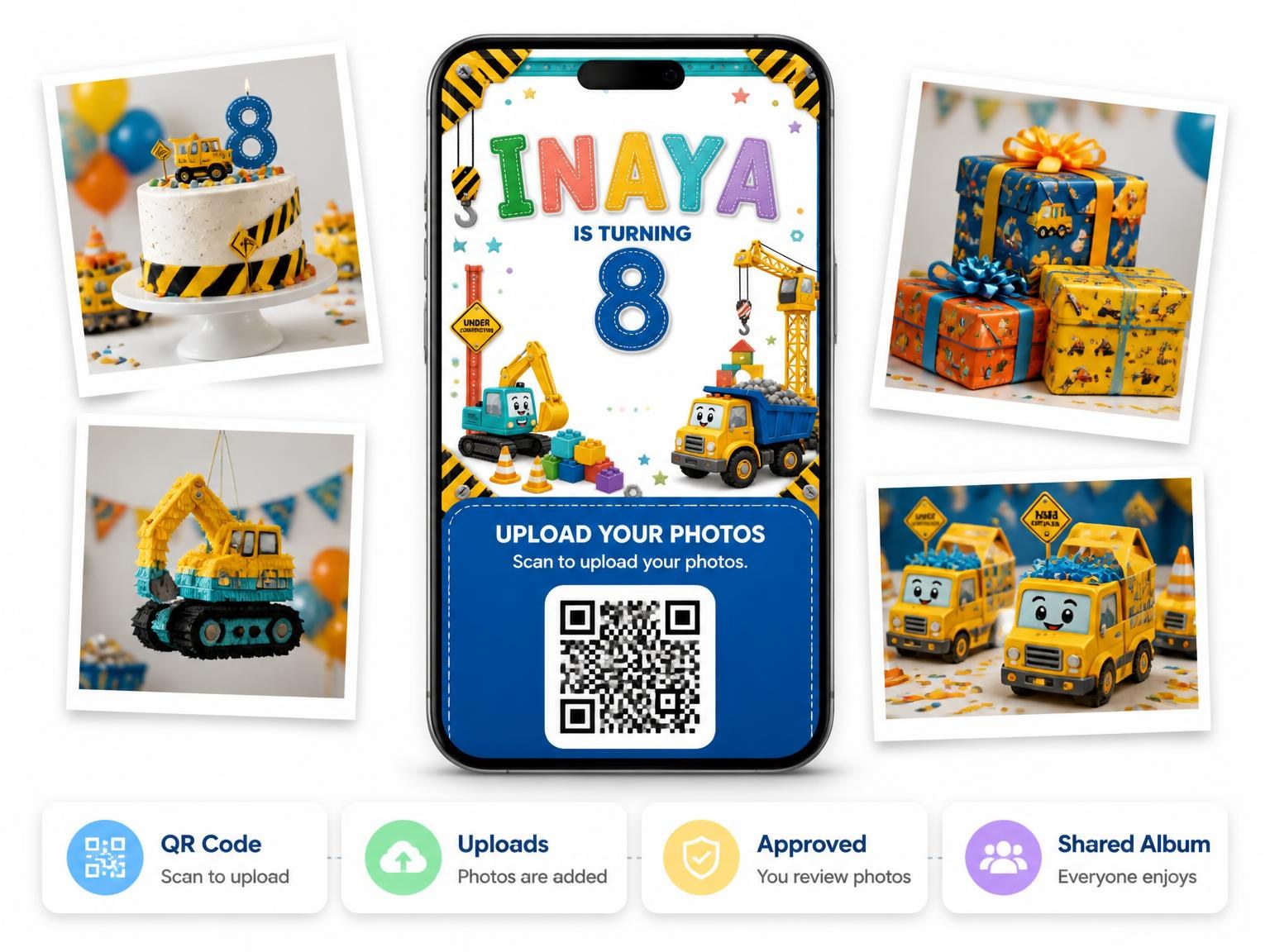 The shared photo gallery that comes with the Stitched Construction 8th Birthday Invitation invitation