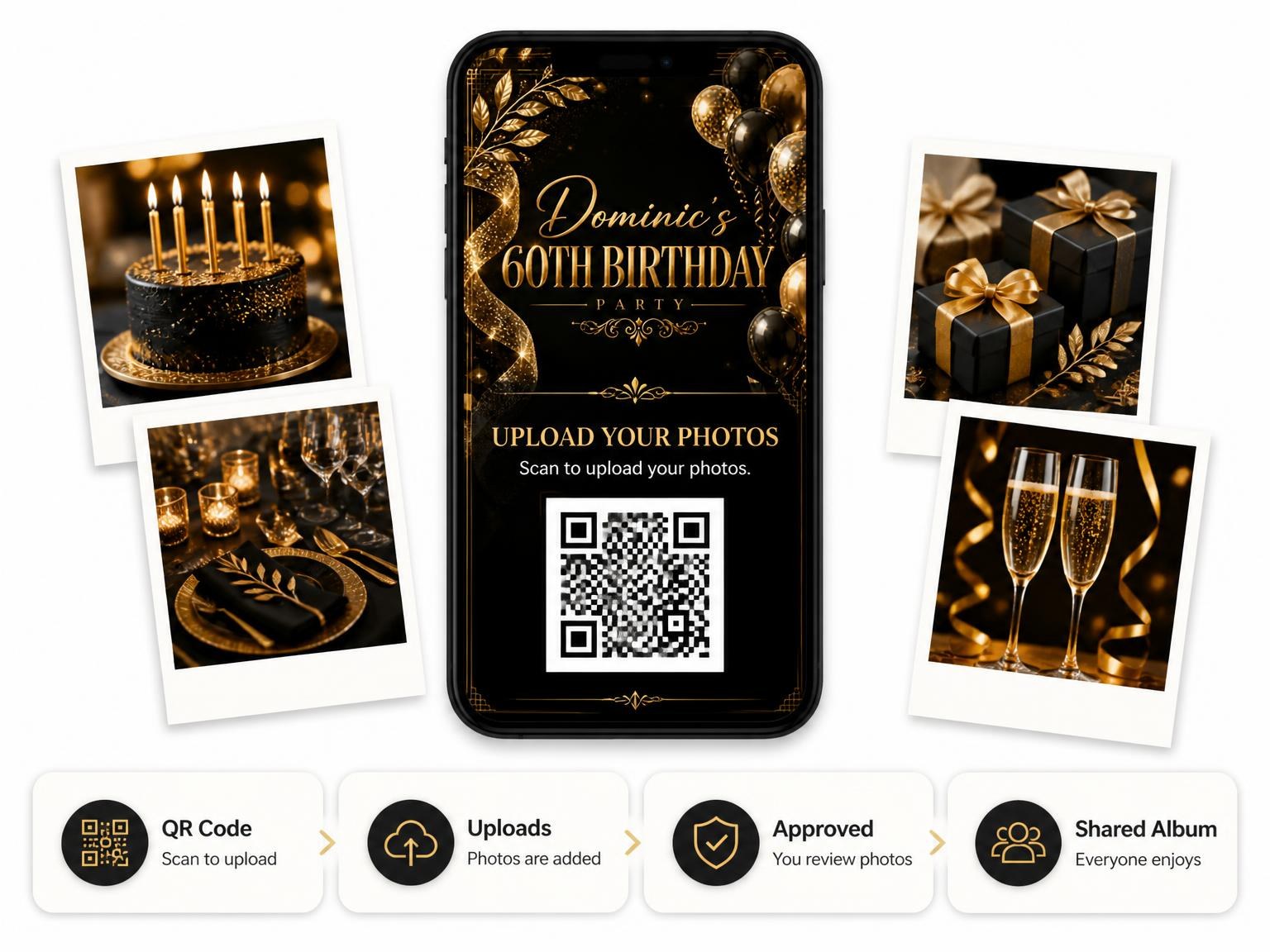 The shared photo gallery that comes with the Black and Gold 60th Birthday Invitation invitation