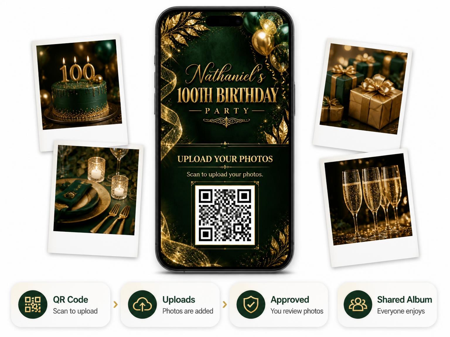 The shared photo gallery that comes with the Emerald and Champagne 100th Birthday Invitation invitation