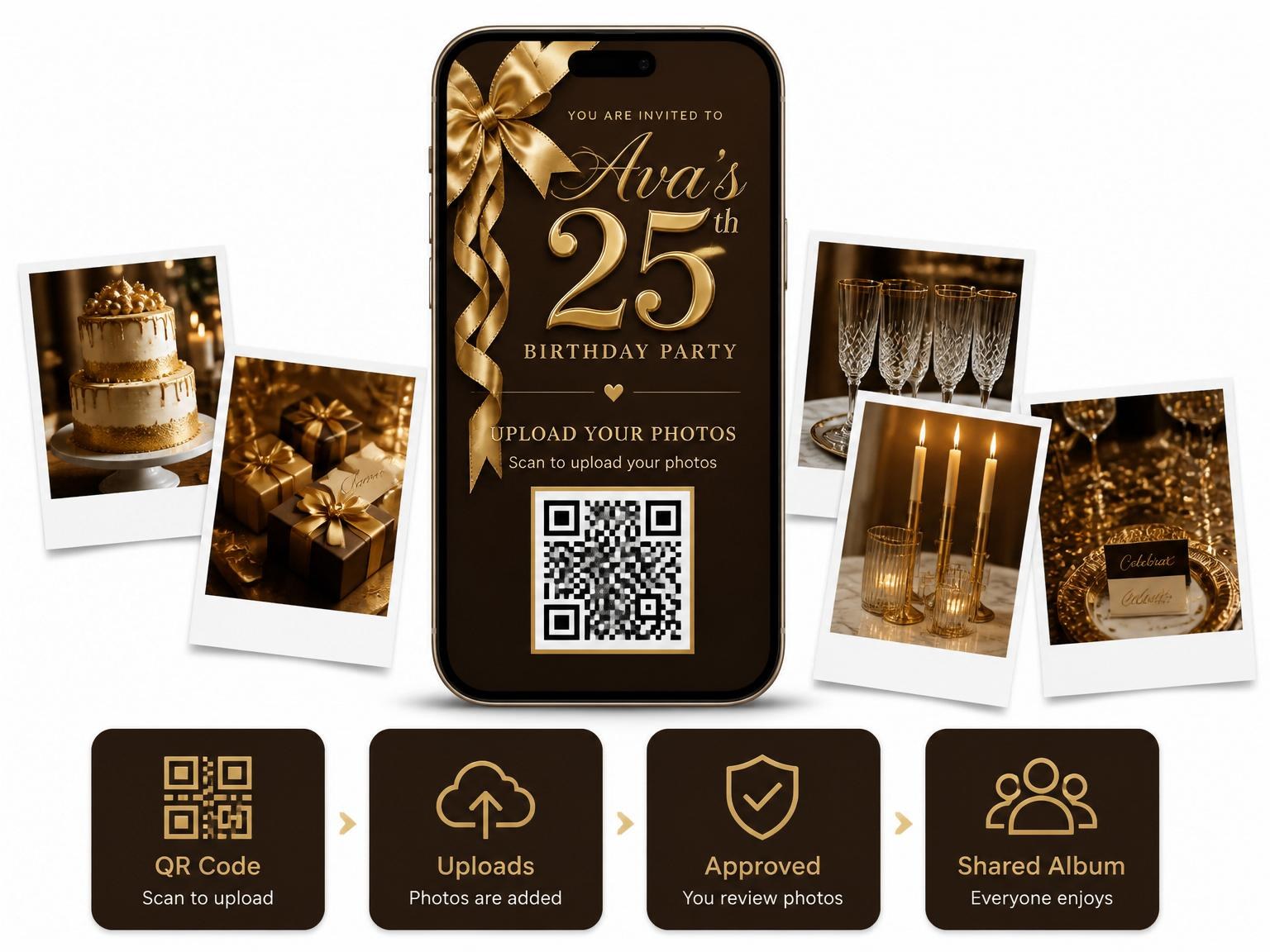 The shared photo gallery that comes with the Mocha and Gold Ribbon 25th Birthday invitation