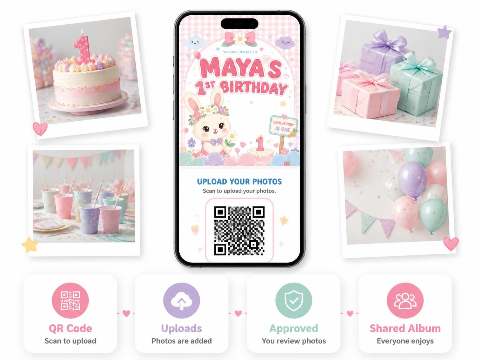 The shared photo gallery that comes with the Kawaii Bunny Garden 1st Birthday Invitation invitation