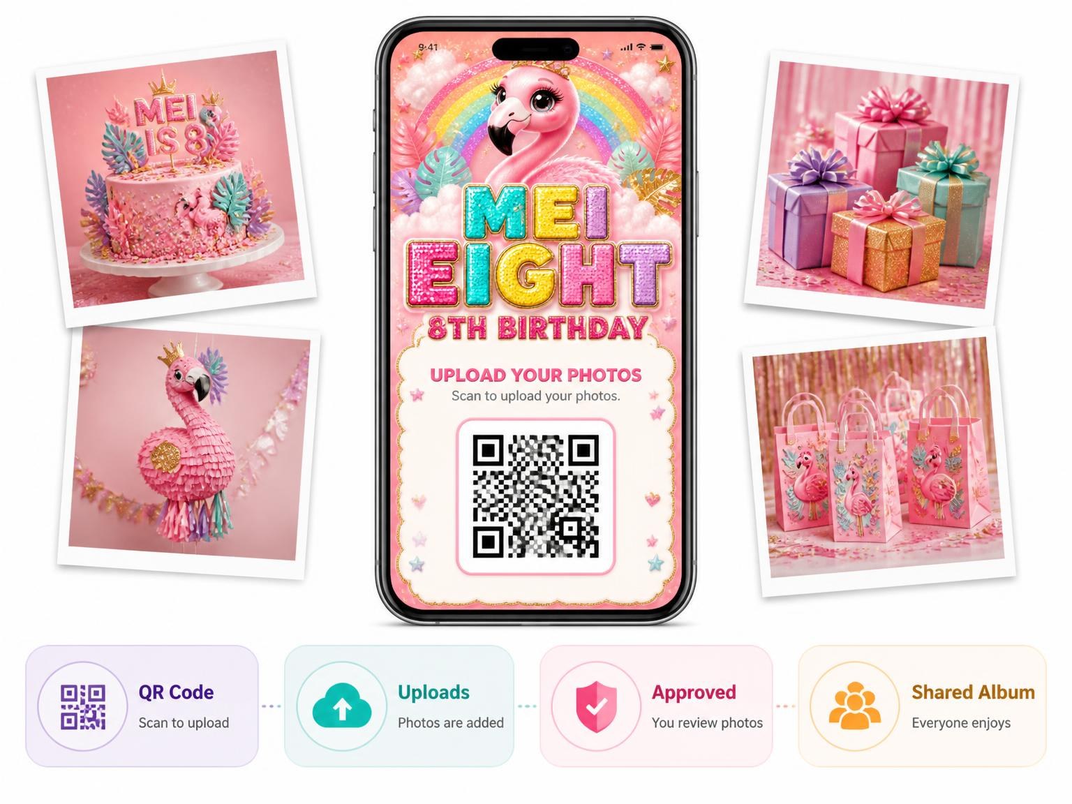 The shared photo gallery that comes with the Glitter Flamingo 8th Birthday Invitation invitation