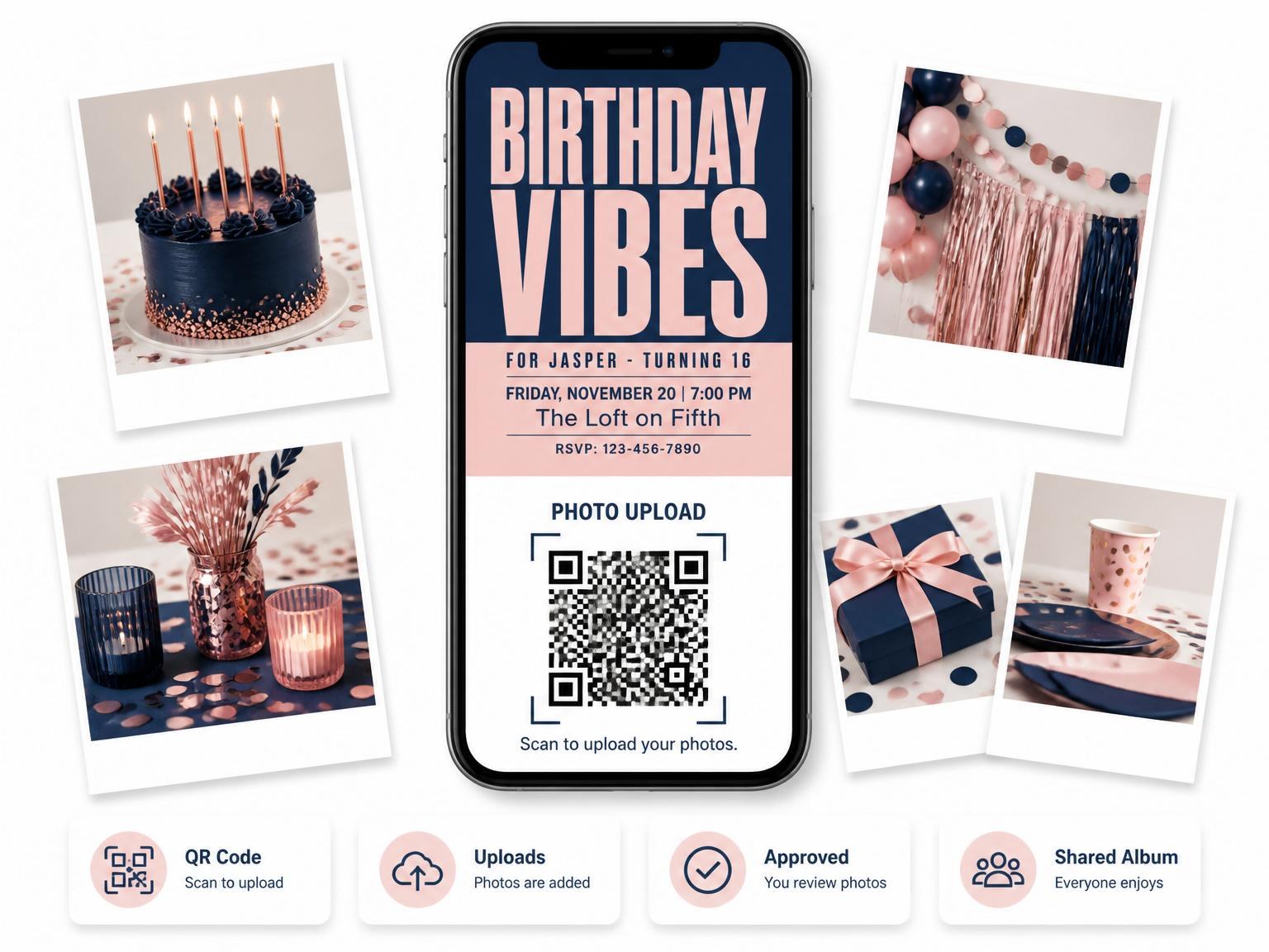 The shared photo gallery that comes with the Navy and Blush Typographic 16th Birthday invitation