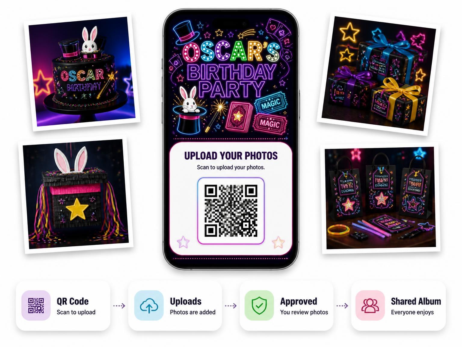 The shared photo gallery that comes with the Neon Magic Show 18th Birthday Invitation invitation