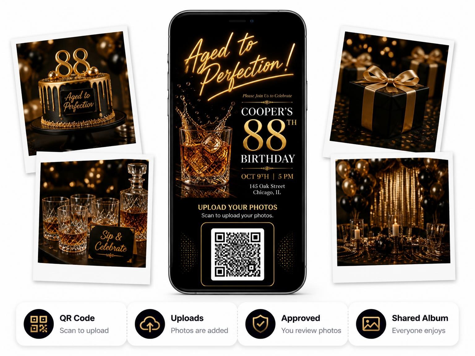 The shared photo gallery that comes with the Whiskey Glass 88th Birthday Invitation invitation