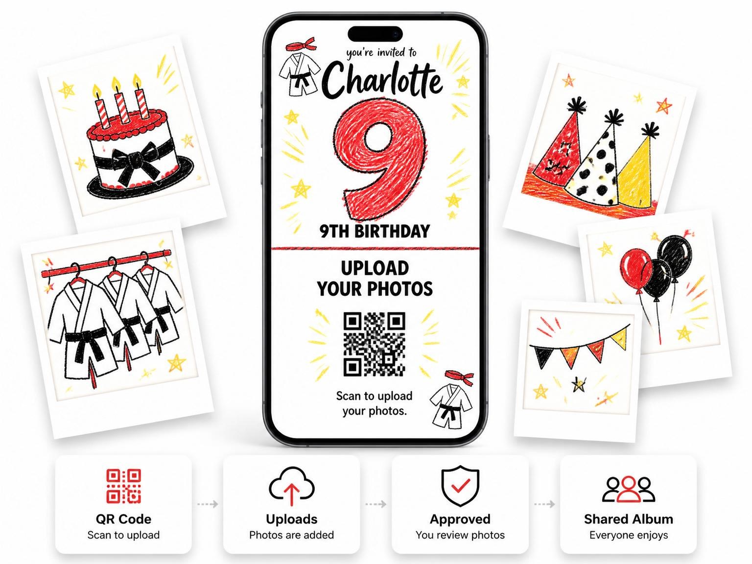 The shared photo gallery that comes with the Crayon Karate Gi 9th Birthday invitation