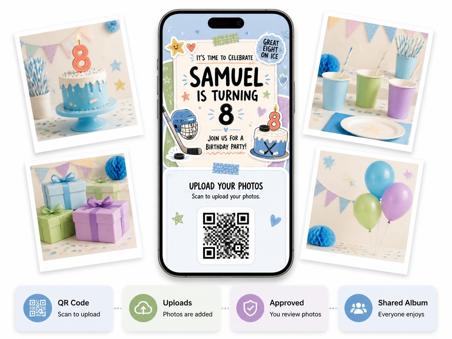 The shared photo gallery that comes with the Pastel Ice Hockey 8th Birthday Invitation invitation