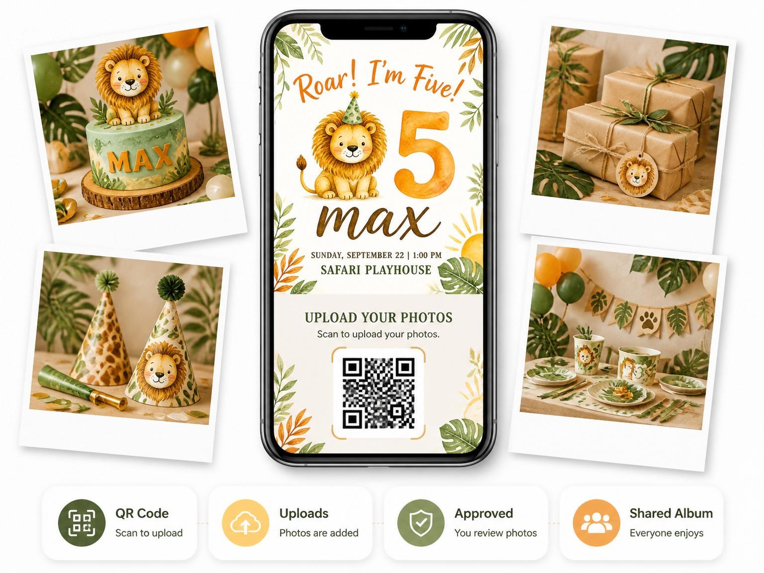 The shared photo gallery that comes with the Watercolor Lion Safari 5th Birthday invitation